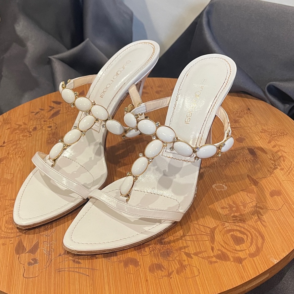 Sergio Rossi White Jeweled T-Strap Heeled Sandals